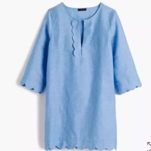 J. Crew Womens XS Scalloped Tunic in Vivid Waterfall Blue Linen Cotton Blend